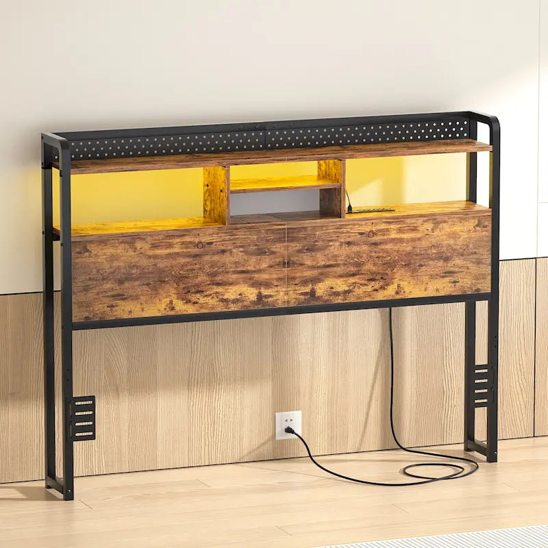 Tête de lit avec étagère de rangement et station de recharge, tête de lit réglable en hauteur avec éclairage LED