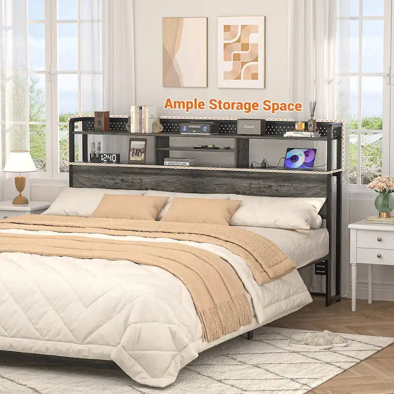 Tête de lit avec étagère de rangement et station de recharge, tête de lit réglable en hauteur avec éclairage LED