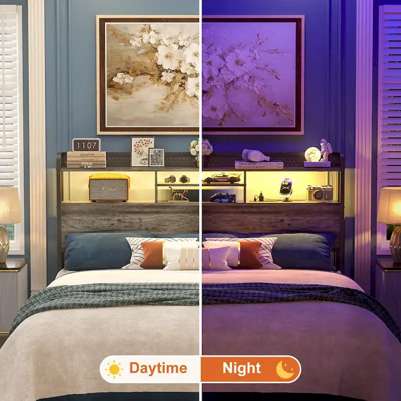 Tête de lit avec étagère de rangement et station de recharge, tête de lit réglable en hauteur avec éclairage LED