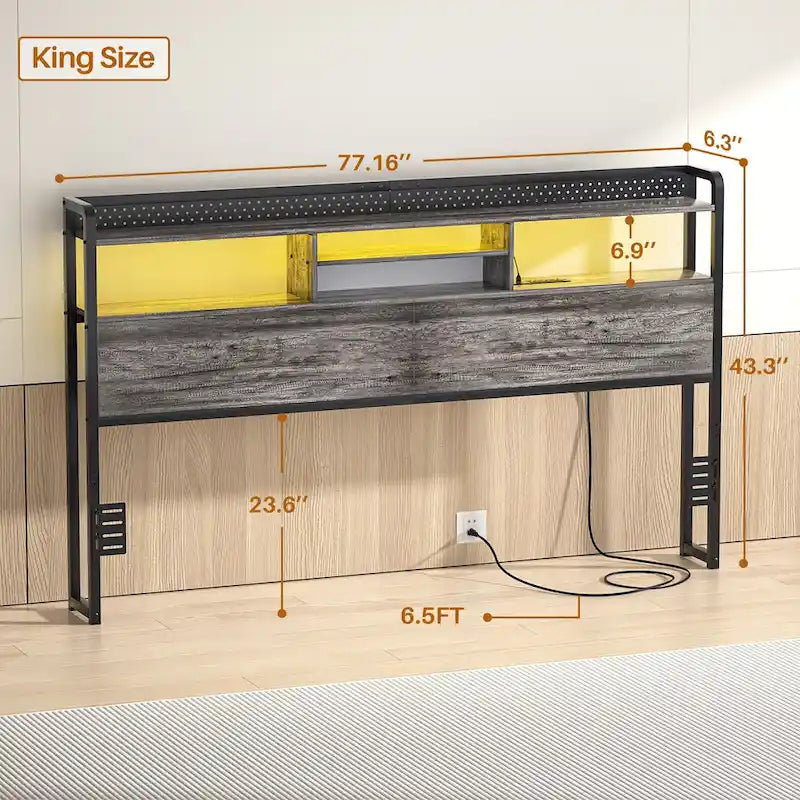 Tête de lit avec étagère de rangement et station de recharge, tête de lit réglable en hauteur avec éclairage LED