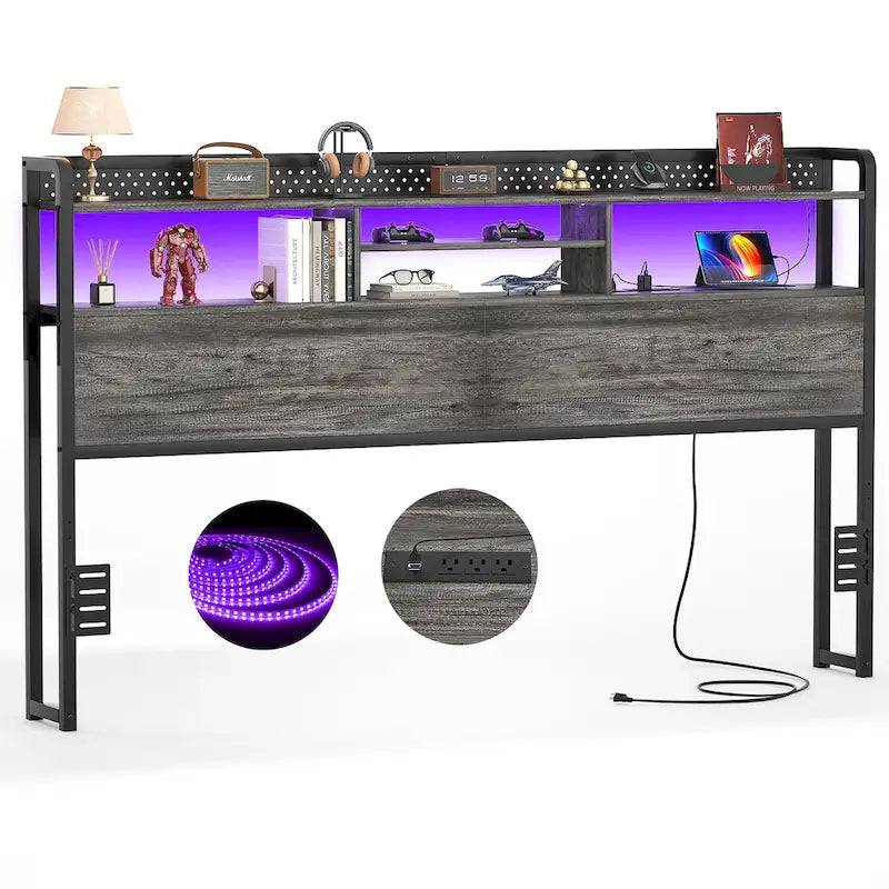 Tête de lit avec étagère de rangement et station de recharge, tête de lit réglable en hauteur avec éclairage LED