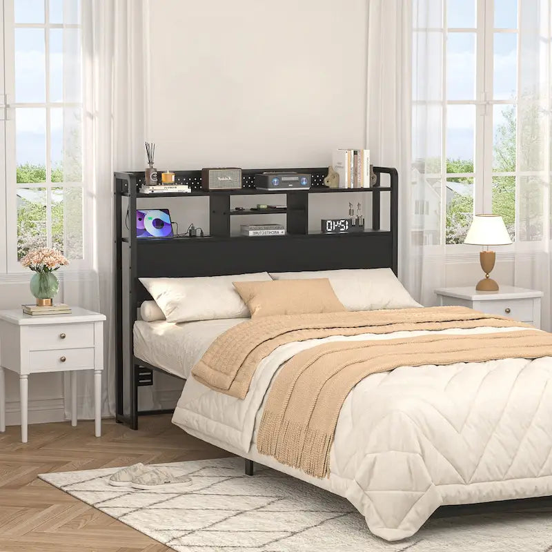 Tête de lit avec étagère de rangement et station de recharge, tête de lit réglable en hauteur avec éclairage LED