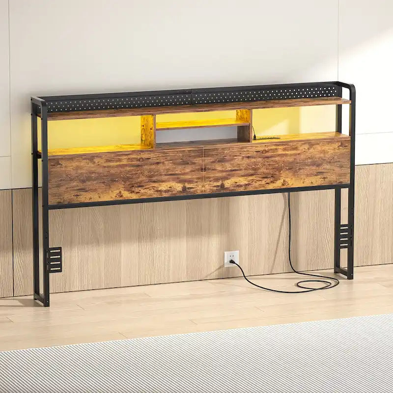 Tête de lit avec étagère de rangement et station de recharge, tête de lit réglable en hauteur avec éclairage LED