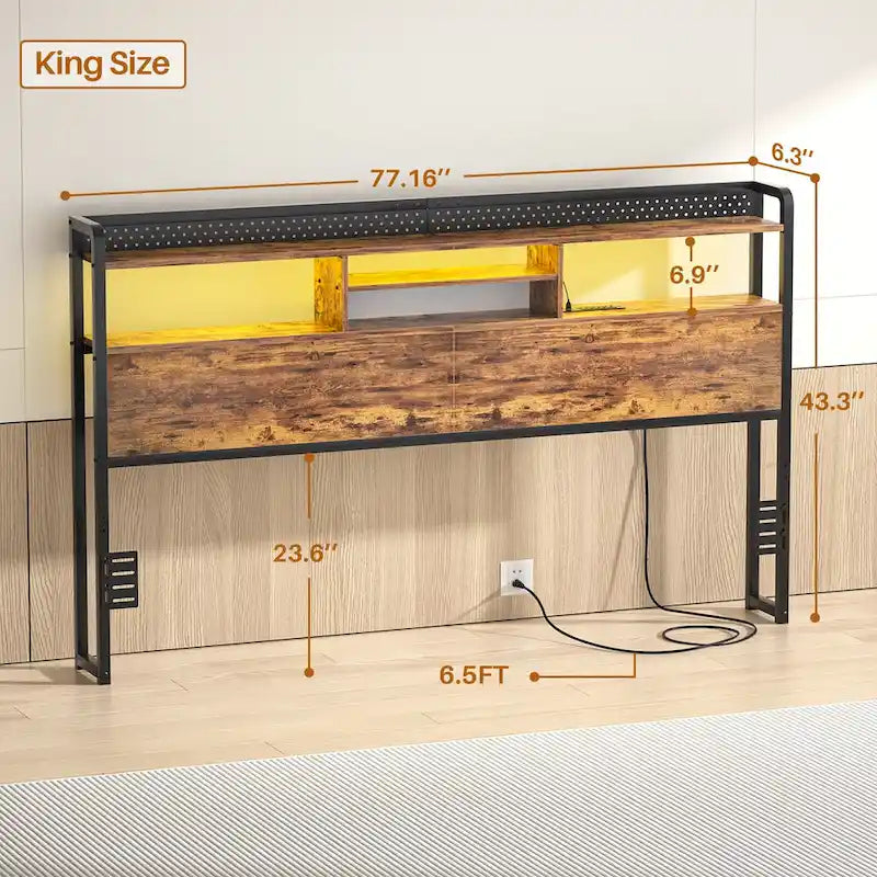 Tête de lit avec étagère de rangement et station de recharge, tête de lit réglable en hauteur avec éclairage LED