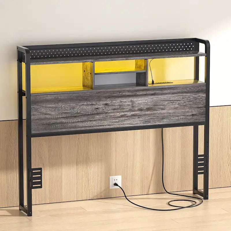 Tête de lit avec étagère de rangement et station de recharge, tête de lit réglable en hauteur avec éclairage LED