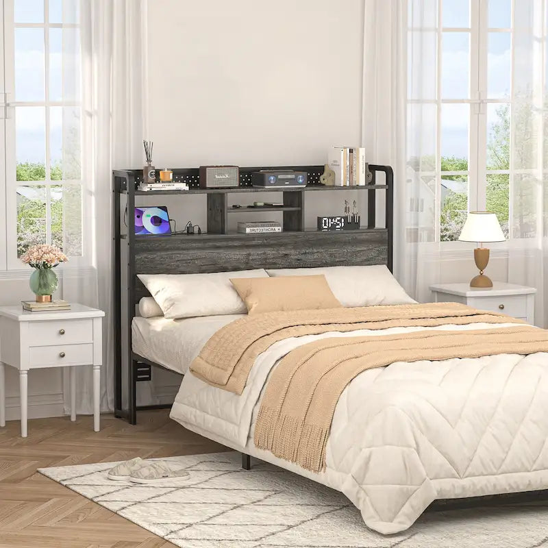 Tête de lit avec étagère de rangement et station de recharge, tête de lit réglable en hauteur avec éclairage LED