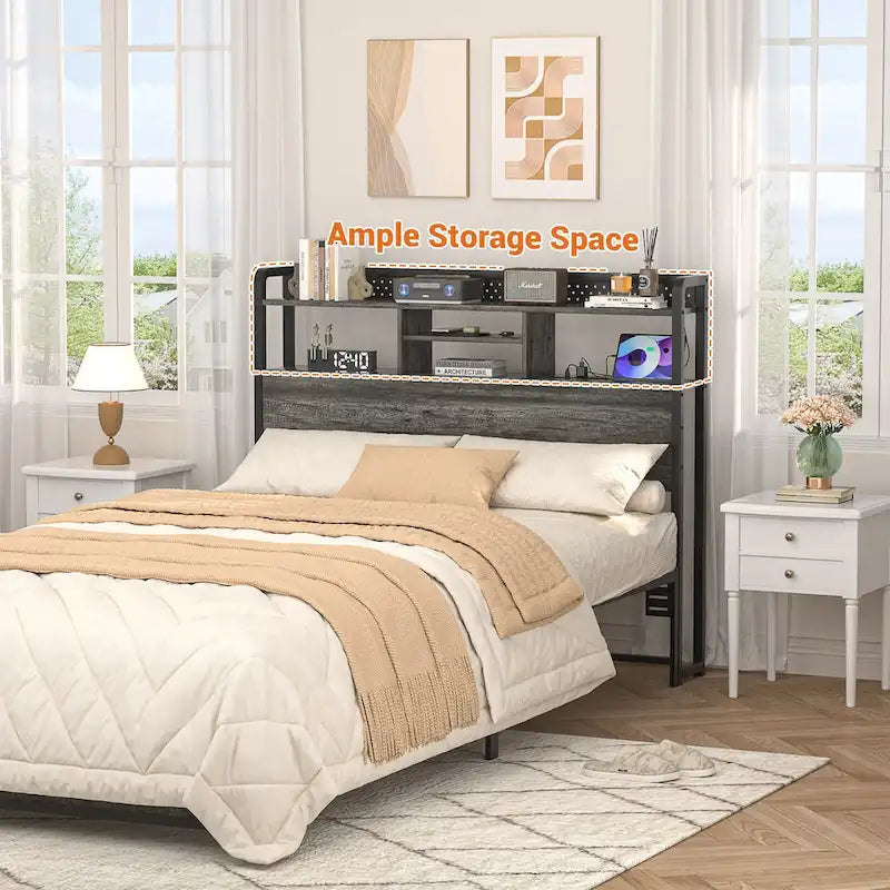 Tête de lit avec étagère de rangement et station de recharge, tête de lit réglable en hauteur avec éclairage LED