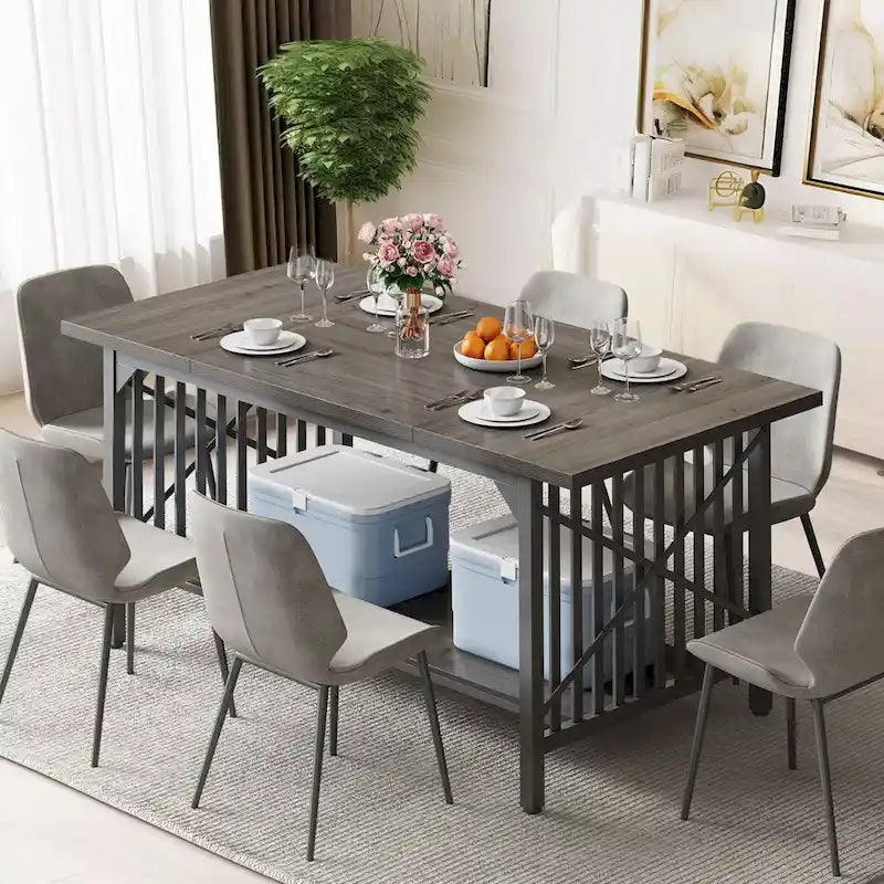 Grande table de cuisine à manger de 70 pouces pour 6 à 8 personnes, table de cuisine de style ferme industriel avec étagère de rangement