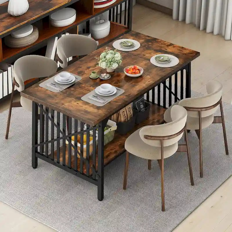 Grande table de cuisine à manger de 70 pouces pour 6 à 8 personnes, table de cuisine de style ferme industriel avec étagère de rangement