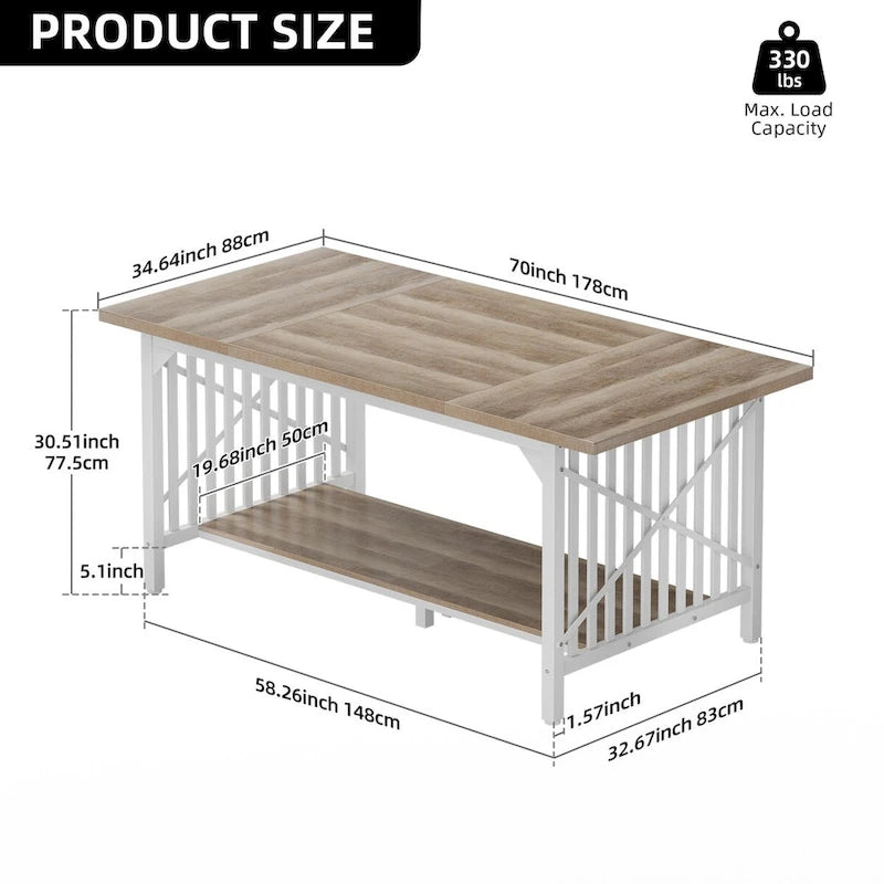 Grande table de cuisine à manger de 70 pouces pour 6 à 8 personnes, table de cuisine de style ferme industriel avec étagère de rangement