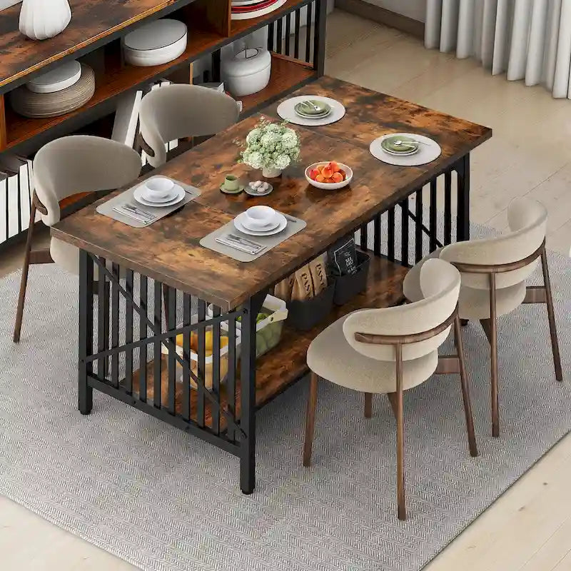 Grande table de cuisine à manger de 70 pouces pour 6 à 8 personnes, table de cuisine de style ferme industriel avec étagère de rangement