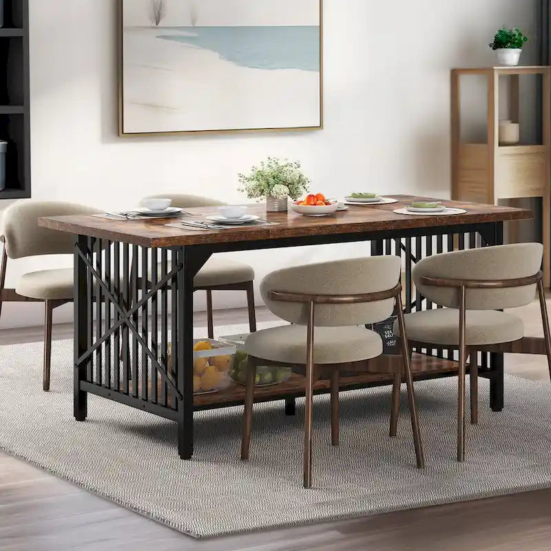 Grande table de cuisine à manger de 70 pouces pour 6 à 8 personnes, table de cuisine de style ferme industriel avec étagère de rangement