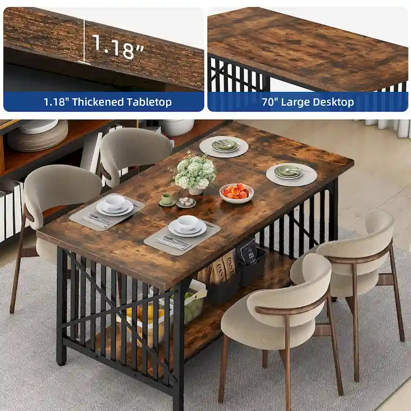 Grande table de cuisine à manger de 70 pouces pour 6 à 8 personnes, table de cuisine de style ferme industriel avec étagère de rangement