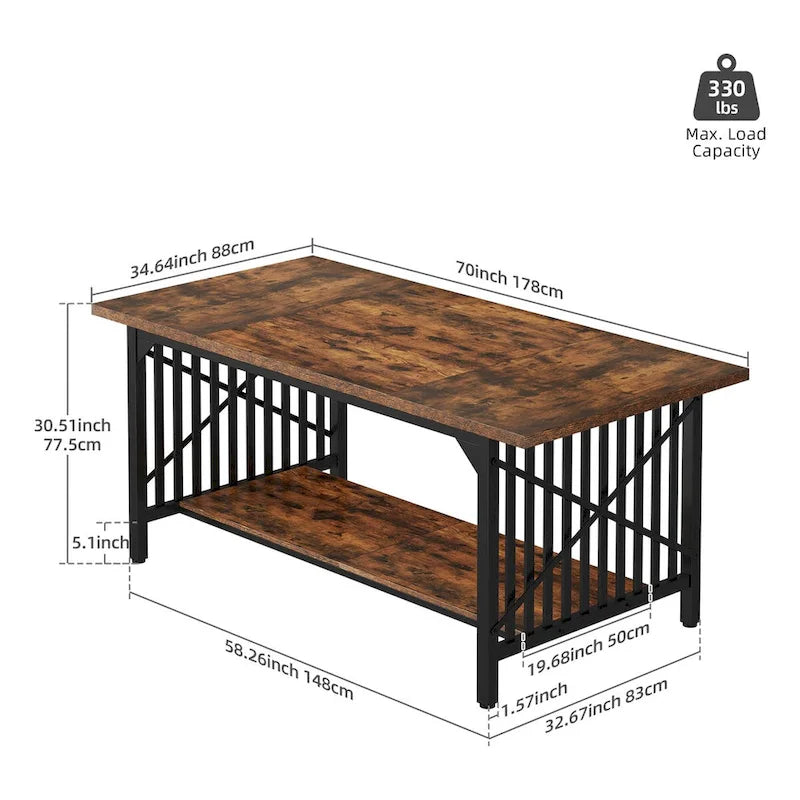 Grande table de cuisine à manger de 70 pouces pour 6 à 8 personnes, table de cuisine de style ferme industriel avec étagère de rangement