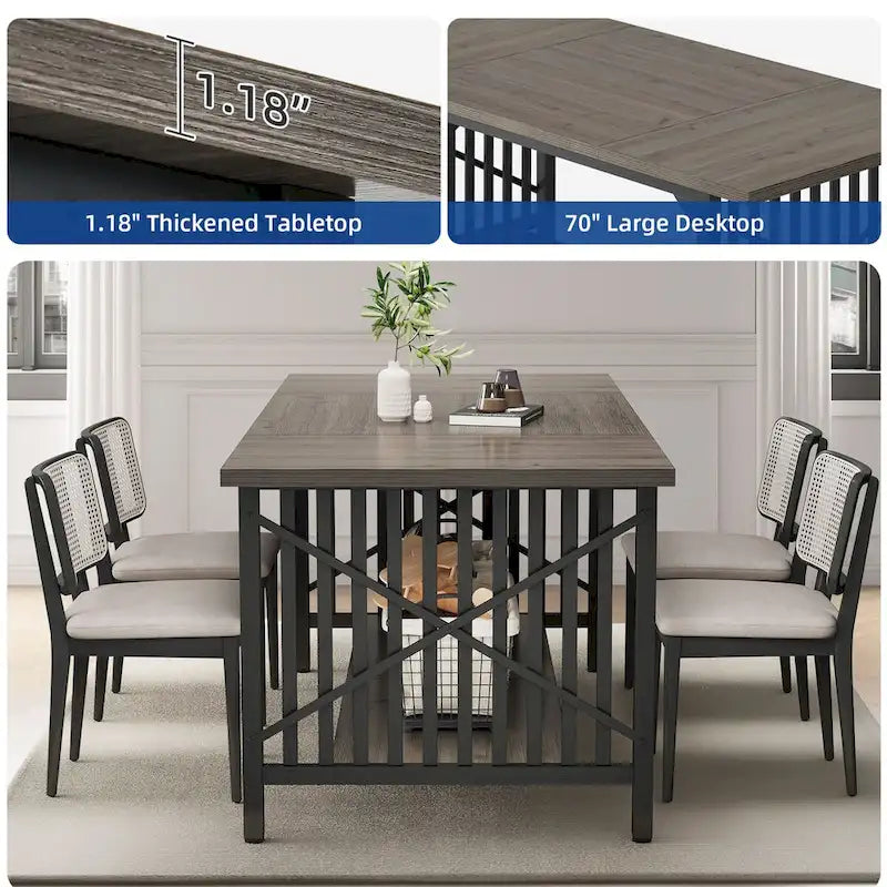 Grande table de cuisine à manger de 70 pouces pour 6 à 8 personnes, table de cuisine de style ferme industriel avec étagère de rangement
