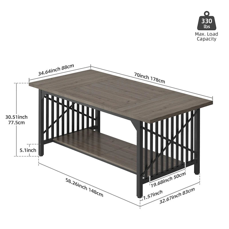 Grande table de cuisine à manger de 70 pouces pour 6 à 8 personnes, table de cuisine de style ferme industriel avec étagère de rangement
