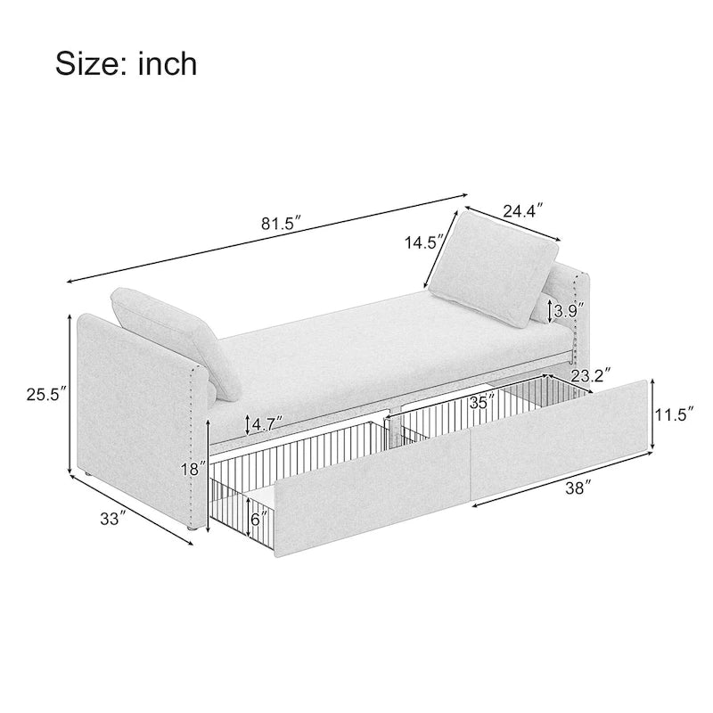 Chaise longue moderne pour lit de repos, lit de repos simple avec 2 tiroirs, pas besoin de matelas, parfait pour les salons et les bureaux à domicile