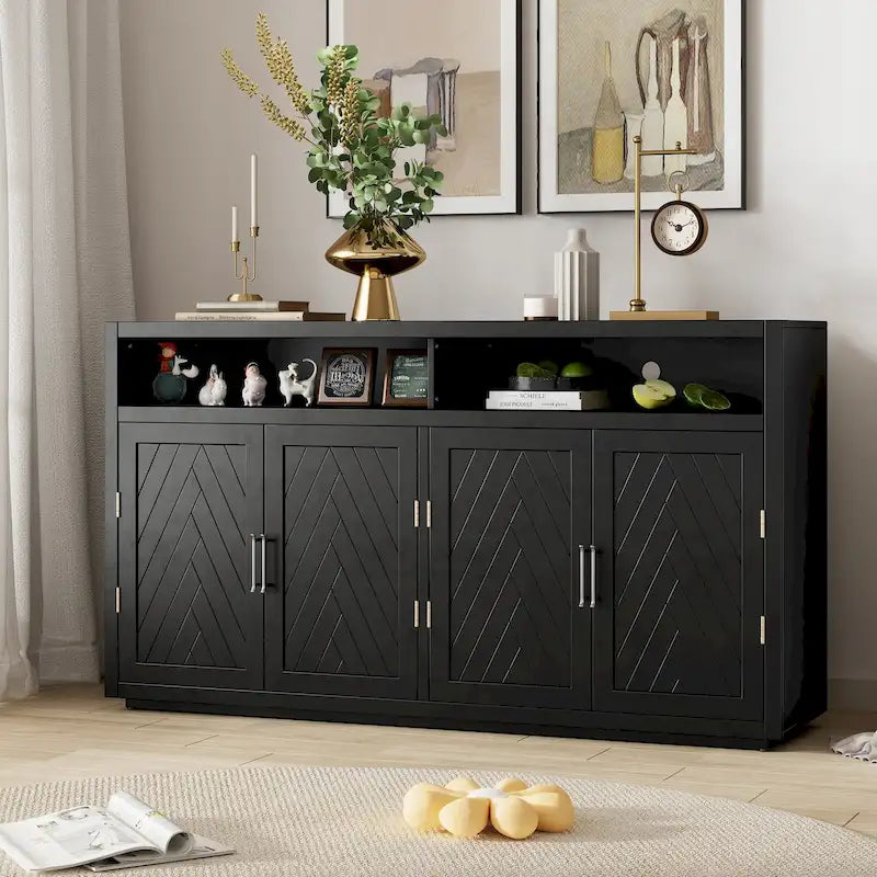 Buffet classique 4 portes avec rangement ouvert et étagères réglables