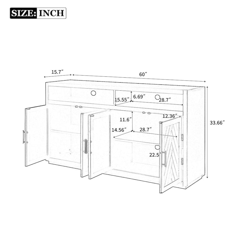 Buffet classique 4 portes avec rangement ouvert et étagères réglables