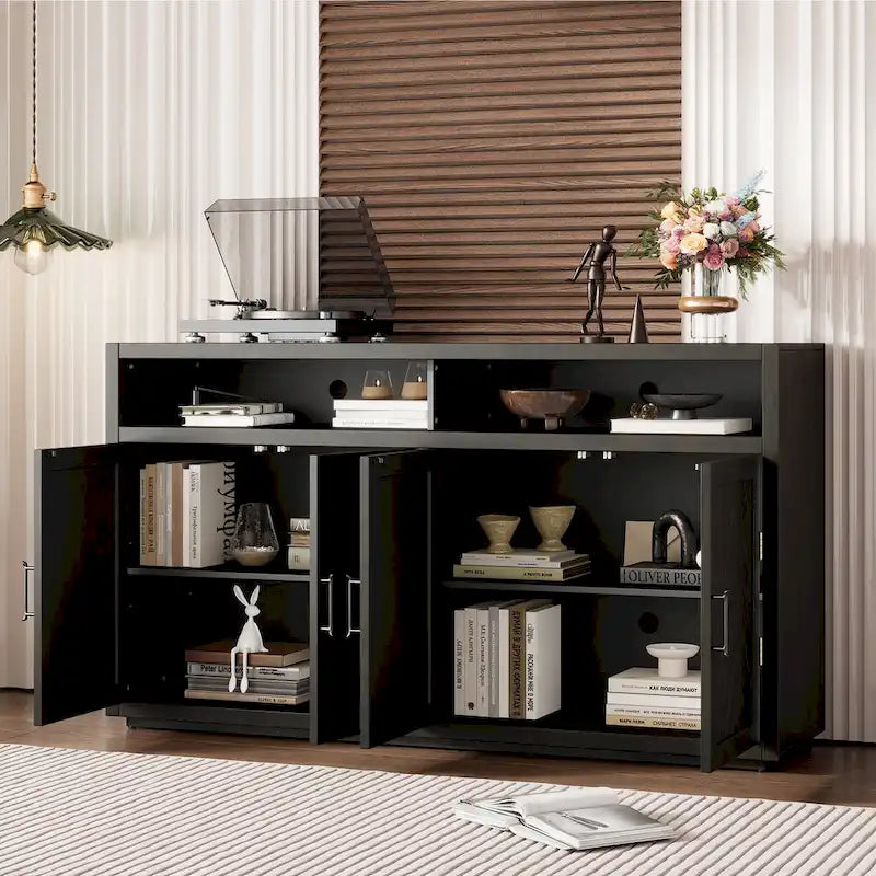 Buffet classique 4 portes avec rangement ouvert et étagères réglables