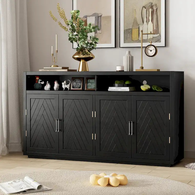 Buffet classique 4 portes avec rangement ouvert et étagères réglables